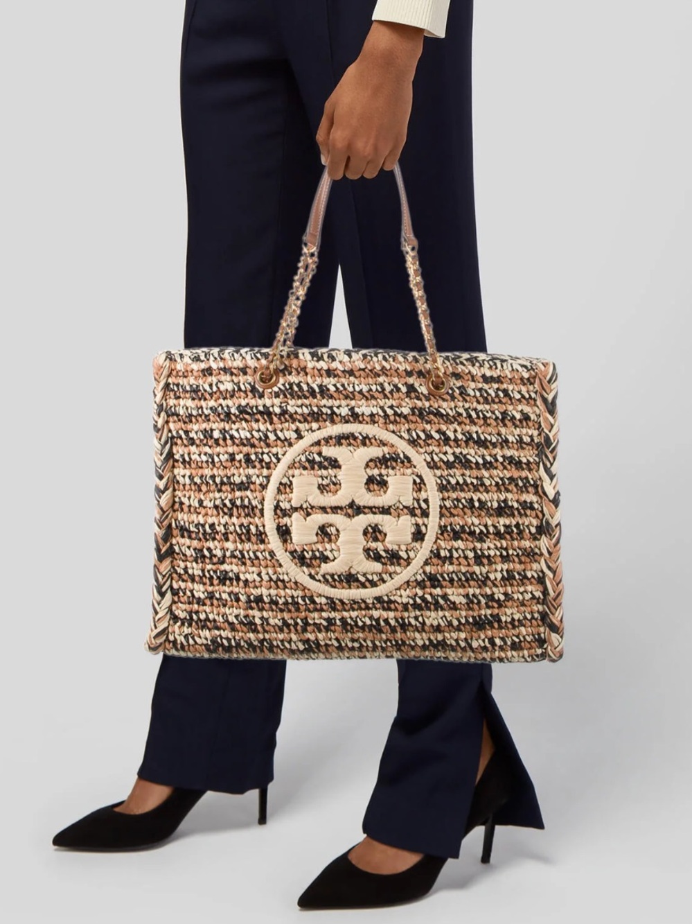 Tory Burch Multi-Tone Raffia Ella Tote with Logo - Picture 2 of 7